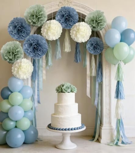 Sage Green & Dusty Blue Tissue Pom Poms - 10-Pack Party Decorations