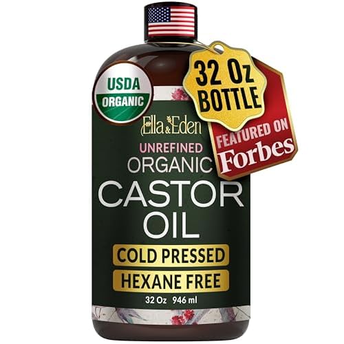 Ella & Eden Organic Castor Oil, Cold-Pressed Hexane-Free, 32 fl oz | USDA Certified, 100% Pure, Unrefined, For Hair Growth, Skin and Face