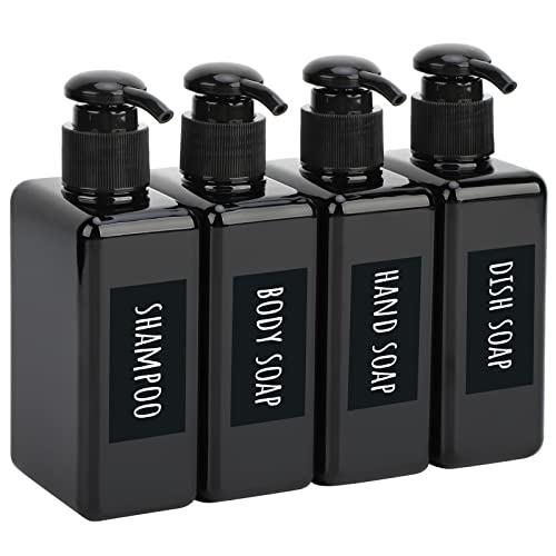 Segbeauty 4pcs Black Small Lotion Dispenser Set - 200ml Refillable Shampoo Pump Bottles with Waterproof Labels