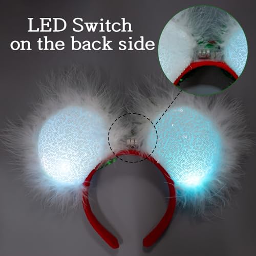 Red LED Christmas Mouse Ear Headband with Sequin Bow - Party Accessory