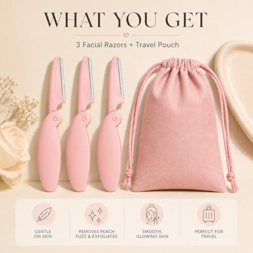 EcoGlow Co. Pastel Facial Razors for Women - Blush Pink 3-Pack Dermaplaning & Eyebrow Shaping