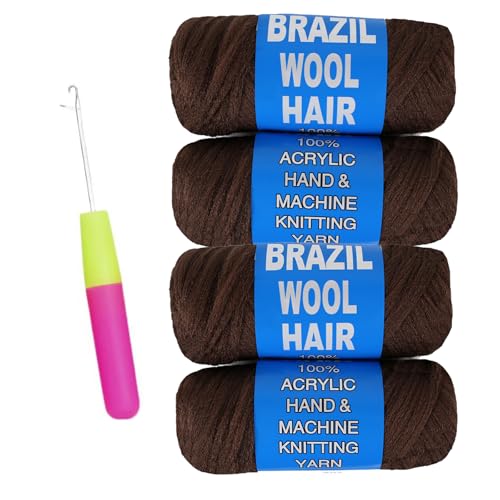 CUUKEA Brazilian Wool Hair Yarn for Braids, 4 Rolls - Coffee Brown