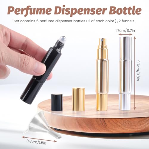 Plushly 6-Pack 10ml Travel Perfume Refillable Bottle with Dual Sprayer & Roller
