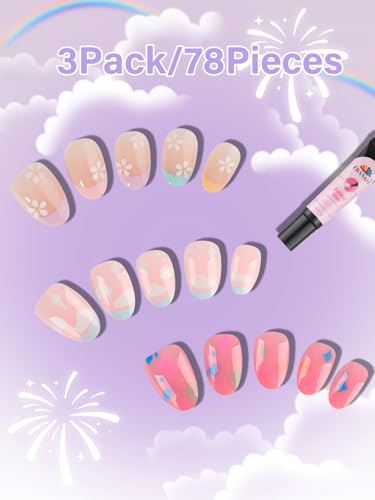 78 Pieces Press on Nails for Kids - EBANKU Pink Star/3P Set