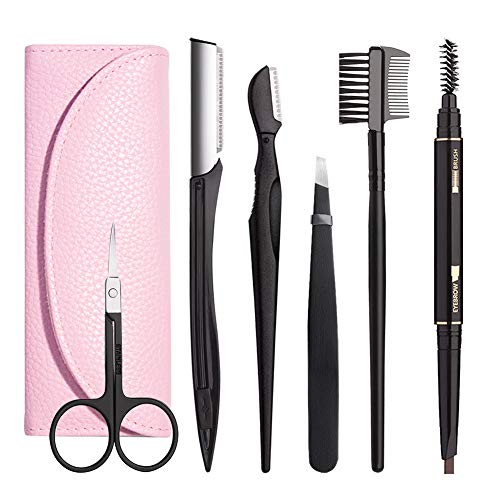 6-in-1 Eyebrow Grooming Kit with Tweezer, Razor, Brush, Scissors & Pouch