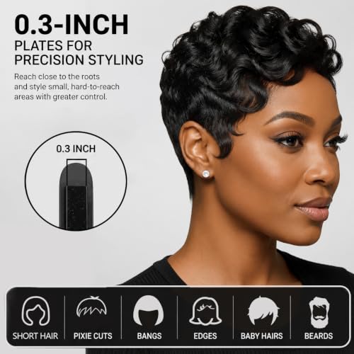 DSHOW Black 0.3 Inch Mini Flat Iron for Short Hair & Beards, Travel-Ready Ceramic Straightener