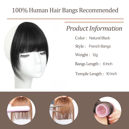 Natural Black Human Hair Clip-In Bangs for Women — French Curtain Style