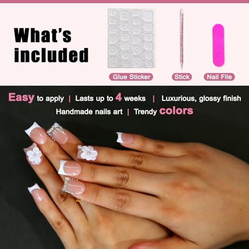 ARTIXY Short Square Press On Nails, Reusable French 3D Acrylic Fake Nails
