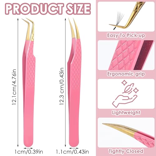 Eyelash Extension Tweezers 2 Pack - 90 Degree Microfiber Precision Lash Tweezers for Volume & Cluster Lashes, Pink