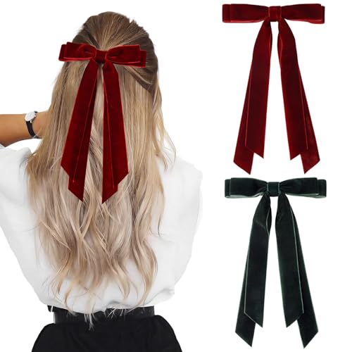 Aileam 2PCS Velvet Hair Bows with Clips - Wine Red & Green Accessories for Girls & Women