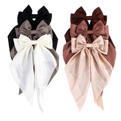 Brown Satin Hair Bows for Women & Girls - Oversized Ribbon Clips 6pcs