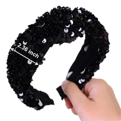 CAUDIO Black Sparkly Sequin Knot Headband for Women - Stylish Party Hair Accessory