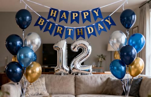 12th Birthday Party Supplies Kit - Blue & Metallic Balloons