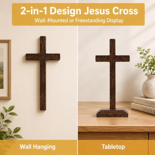 Rustic Distressed Standing Cross - 11 Inch Dark Wood Grain Resin Decor