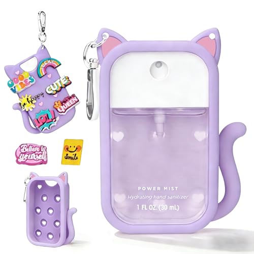 Purple Cat-Shaped Silicone Hand Sanitizer Case for Touchland 30ml with Charms & Keychain