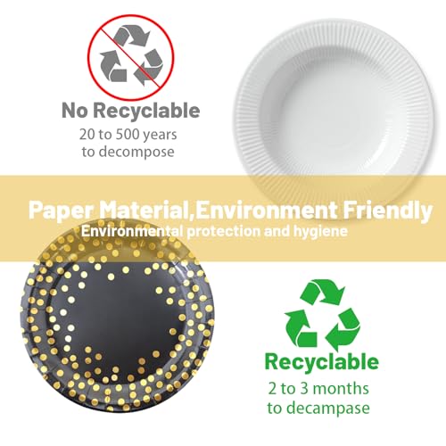 Black Paper Plates 9 Inch - 40 Count with Gold Foil Polka Dots