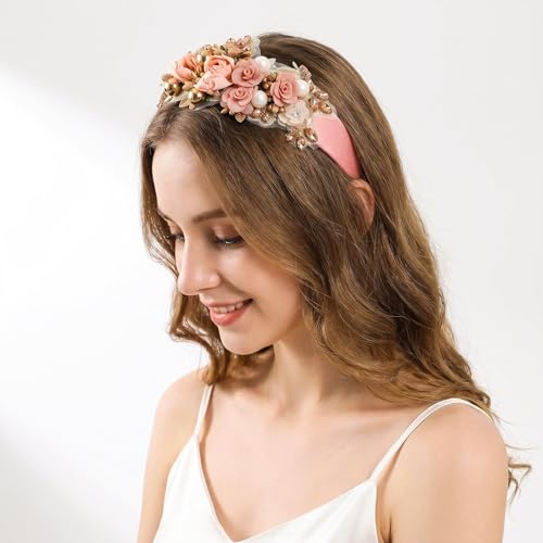 TURTLEDOVE Pink Baroque Floral Rhinestone Headband for Weddings