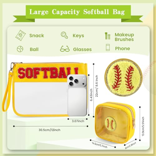 Softball-Yellow Makeup Bag Set | 2-Pc Waterproof Organizer with Chenille Patch