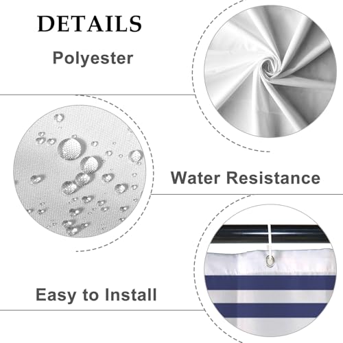 Navy Blue Striped Shower Curtain Set with Hooks - 48x72 in
