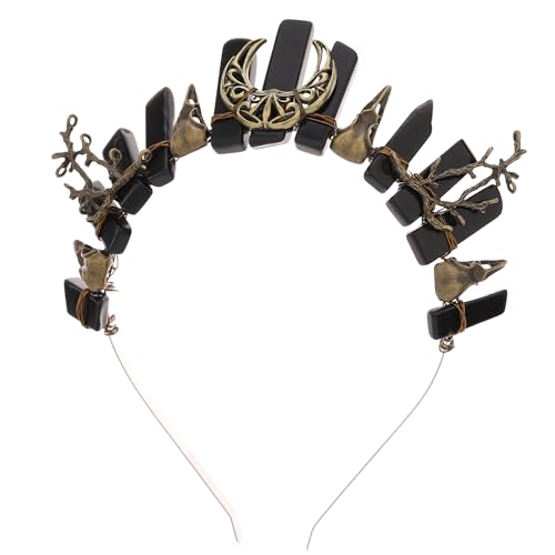 Fairy Crystal Crow Skull Crown - Raw Quartz Witch Tiara with Bronze Moon