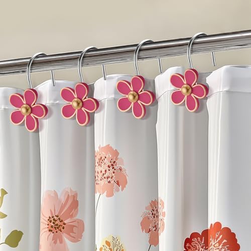 Rose Red Flower Shower Curtain Hooks Set of 12 - Rustproof Resin