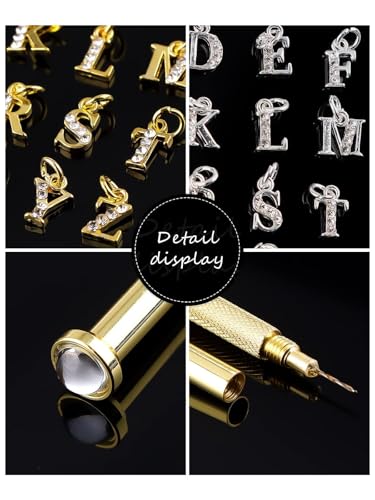 Kalolary Dangle Letter Nail Charms with Rhinestones & Tool