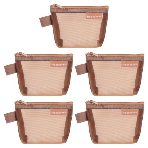 uxcell Mini Zipper Mesh Bag 3" x 5" - Brown Cosmetic Pouch (5 Pcs)