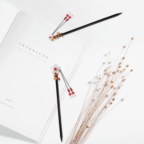 BLMHTWO Retro Wooden Hair Chopsticks for Women - 2 Pieces with Flower Tassels