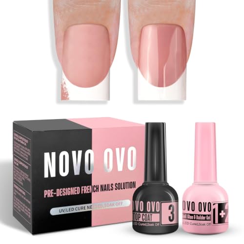 NOVO OVO French Tip Solution Kit – UV Nail Glue Builder Gel Top Coat Bundle (10 ml each) – Includes One Multi-Function Pink Bottle Gel