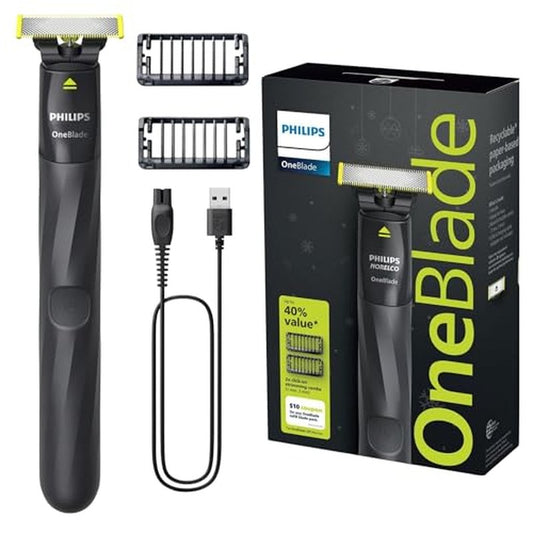 Philips OneBlade Trimmer & Shaver, Trim & Shave Any Length with Extra Skin Protection, Dual-Sided Blade, Waterproof Body Electric Razor, USB Charging, 2 Stubble Combs Included