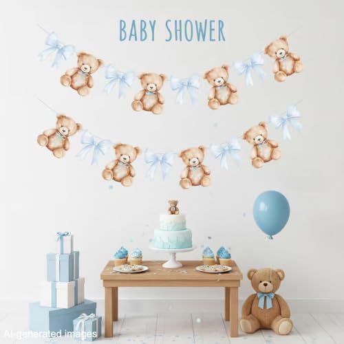 Teddy Bear Baby Shower Banner Set - 2PCS with Blue Bows