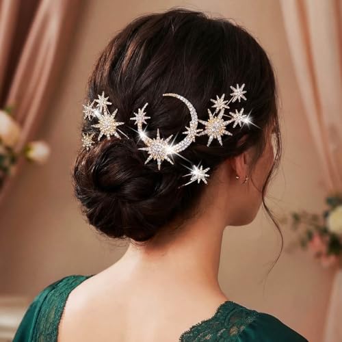 Gold Star & Moon Bridal Hair Pins - Pack of 5 Crystal Accessories