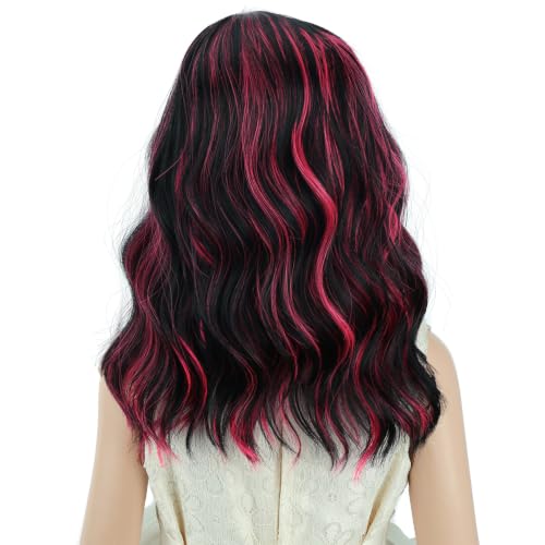 PATTNIUM Kids Black & Hot Pink Short Curly Wavy Wig - Shoulder Length, Heat-Resistant Synthetic Cosplay Costume Hair