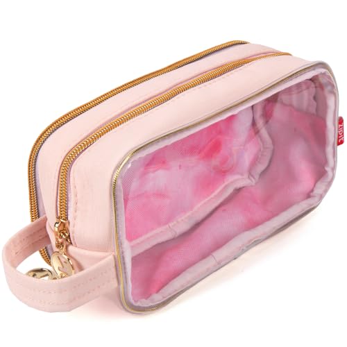 ZIPIT Pink Travel Makeup Bag with 3 Compartments & Clear Window - Large Toiletry Organizer