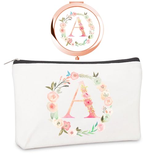 Rose Gold Personalized Initial Compact Mirror & Makeup Bag Set - Custom Gift for Women
