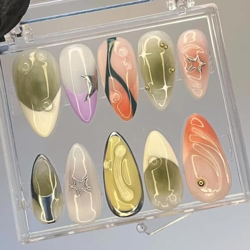 MAGLFELL Handmade Press On Nails Kit - Green Pink Almond - Small Size (10 Pcs)