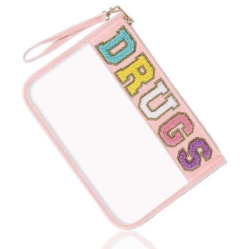 Izuzta A-DRUGS-Pink Chenille Letter Waterproof Makeup & Medicine Pouch with Wristlet