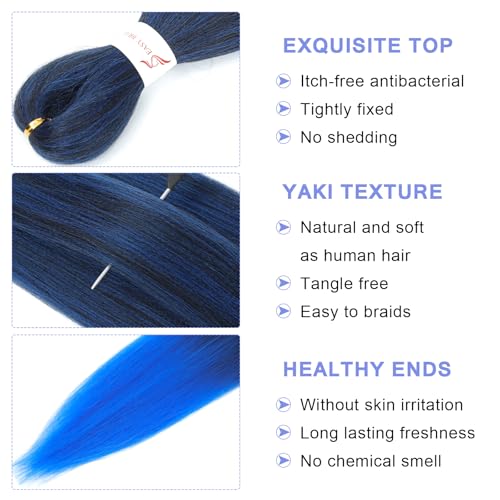 34 Inch Pre-Stretched Braiding Hair #1B/Blue - 6 Packs for Easy Styling