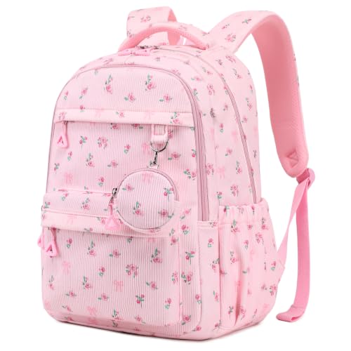 Cute Corduroy Girls Backpack with Mini Coin Purse - Pink Floral