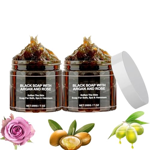 Moroccan Black Soap with Argan & Rose - Exfoliating & Moisturizing (2 Pack)