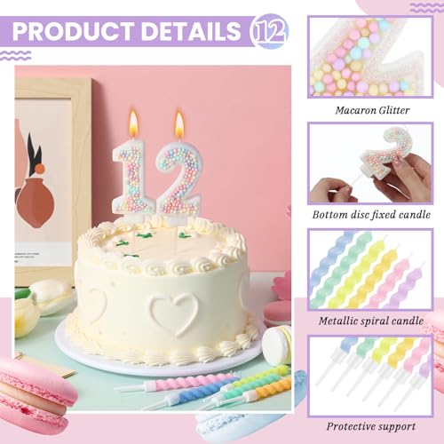 MTLEE Macaron Number 12 Birthday Candle Set with 12 Spiral Candles