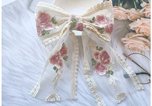 Beige Large Lace Bow Hair Clip with Pink Flower - Honkenda 1 Pack