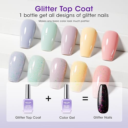 Gellen Gel Nail Polish Base and Top Coat Set - 4 Piece Matte, Glossy, Glitter