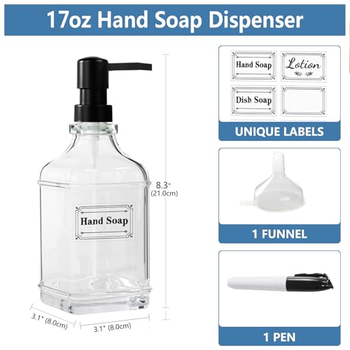 BPFY 3 Pack 17oz Clear Glass Soap Dispensers with Pump - Modern Square Design