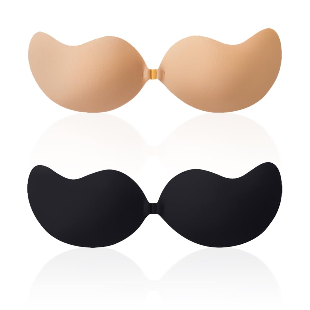 Sticky Bra, Backless Strapless Bra Push Up, Adhesive Invisible Lift Up Bras 2 Pairs,Skin&Black Color