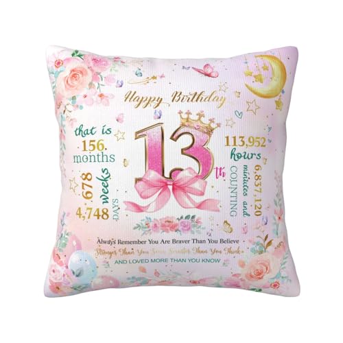 13th Birthday Pillow Cover for Girls - Cute Pink Design, 18x18