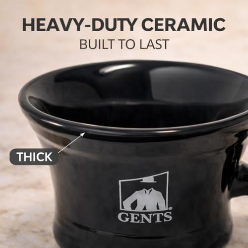 G.B.S Gents Heavy Duty Black Ceramic Shaving Bowl Mug with Natural Shave Soap - Pommel Handle, Black