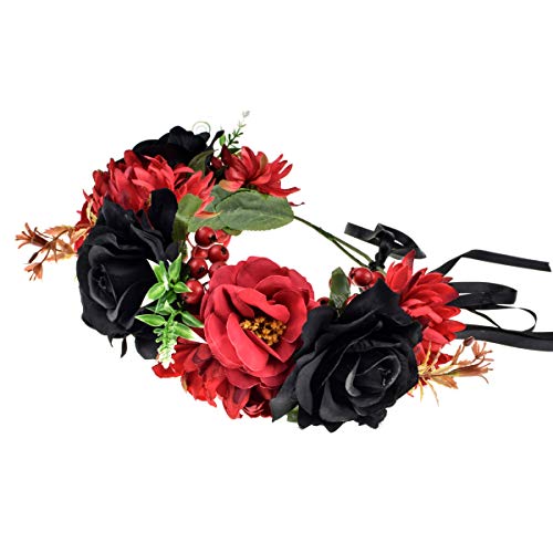 Day of the Dead Rose Flower Crown Headband - Red and Black Floral Headpiece