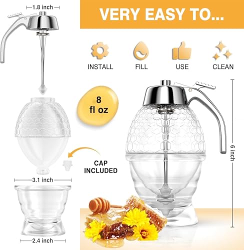 No-Drip Glass Honey Dispenser with Stand - 8 oz Honey Jar
