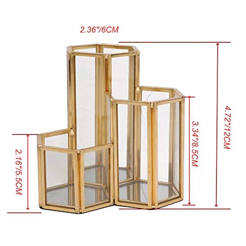 3 Slot Hexagon Gold Glass Makeup Brush Holder Organizer for Desk, Women Girls